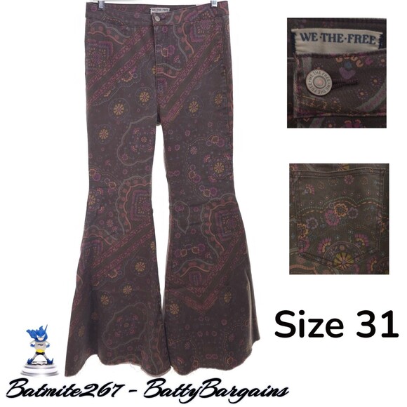 Free People We The Free Just Float On Printed Flare Jeans sz 31 Chocolate Combo - Picture 1 of 15
